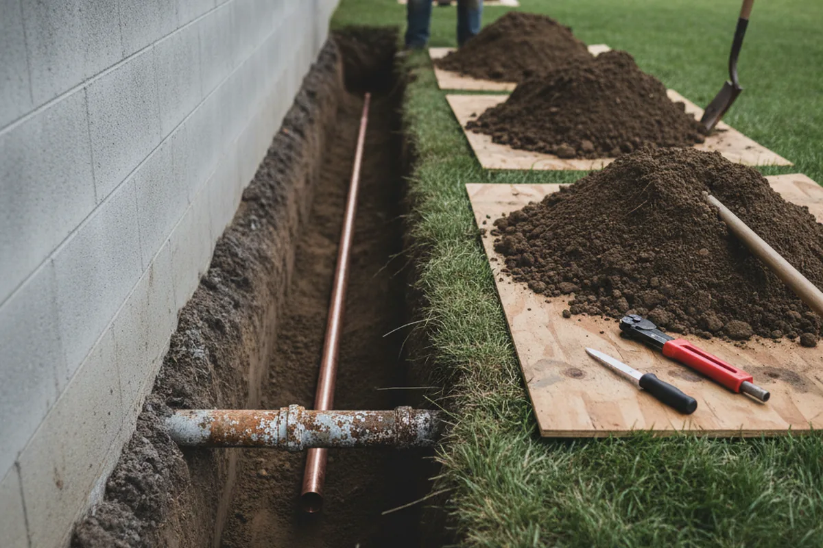 Excavated water line trench during Water Heater Repair in Clayton